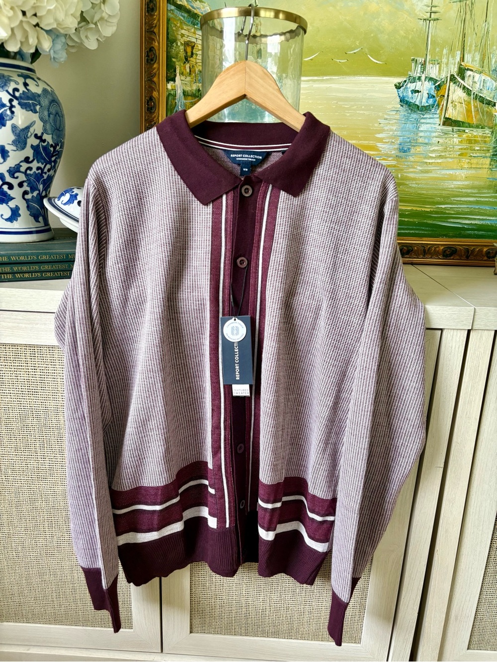 Report Collection Lavender Cardigan with Maroon Trim Cashmere Touch- M